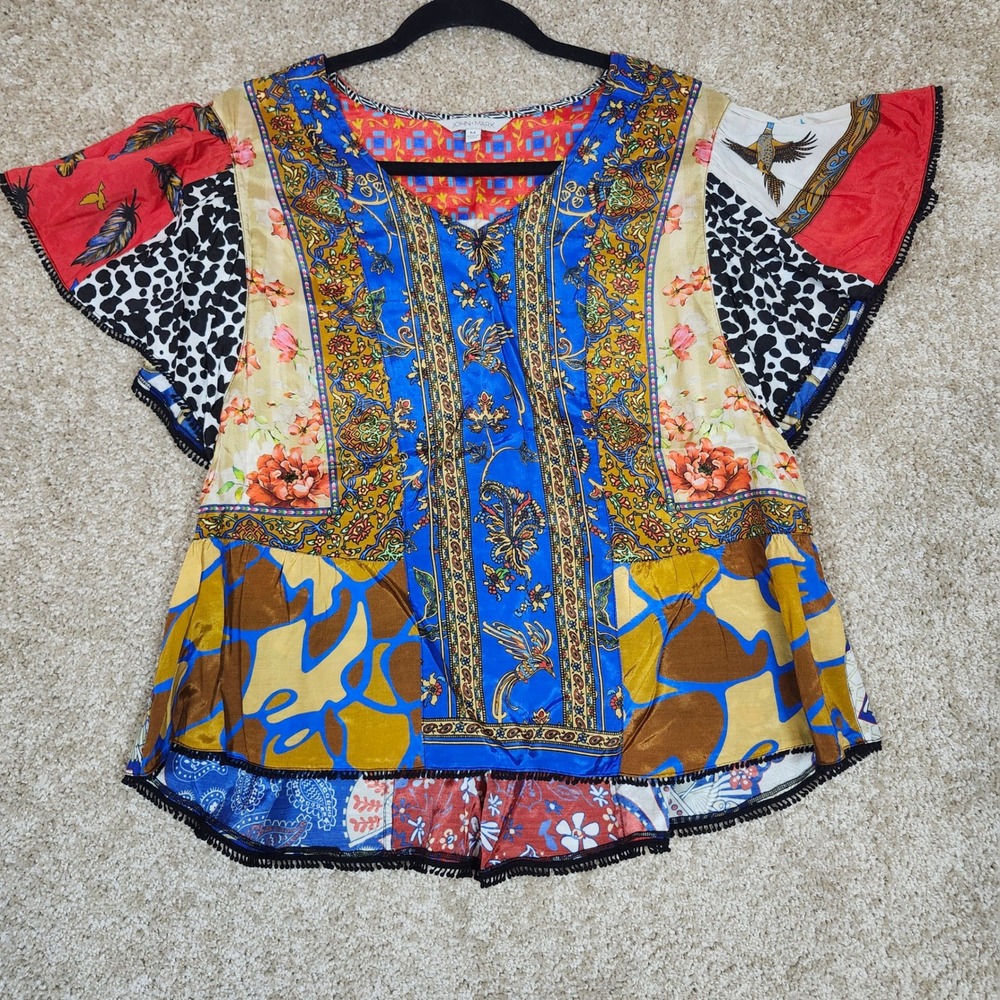 John Mark Top Patchwork Floral Animal‎ Print Pom Pom Trim Boho Size M